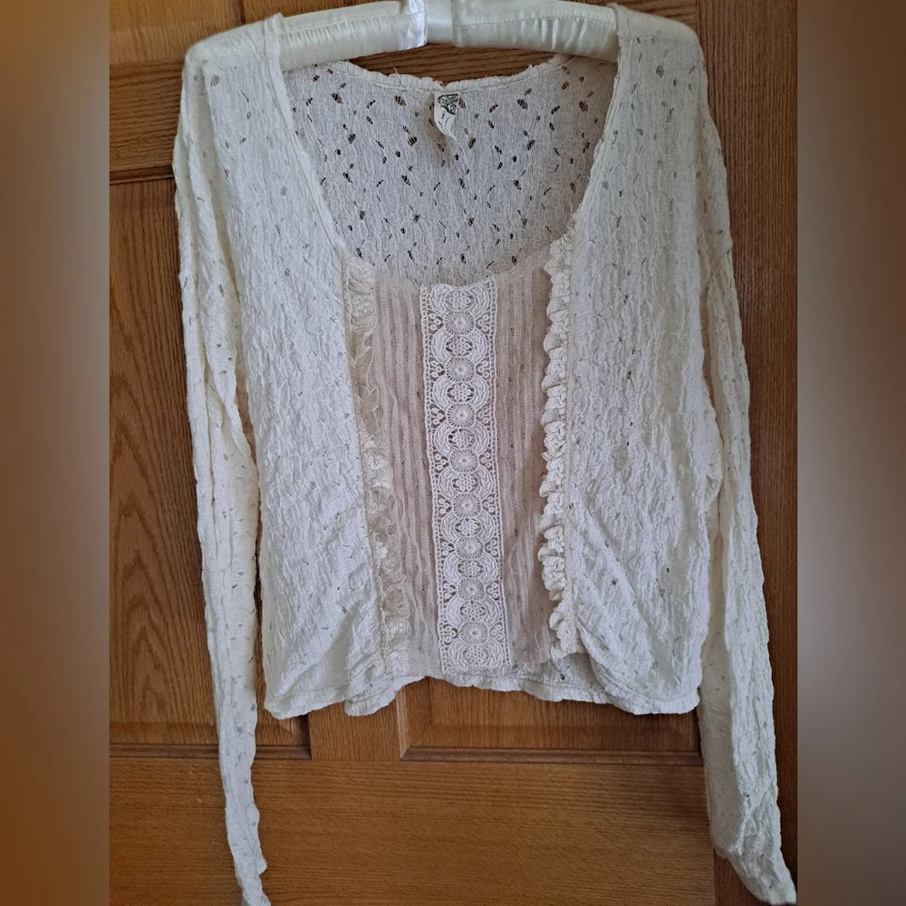 Free People Cream and Tan Top with Lace Detail